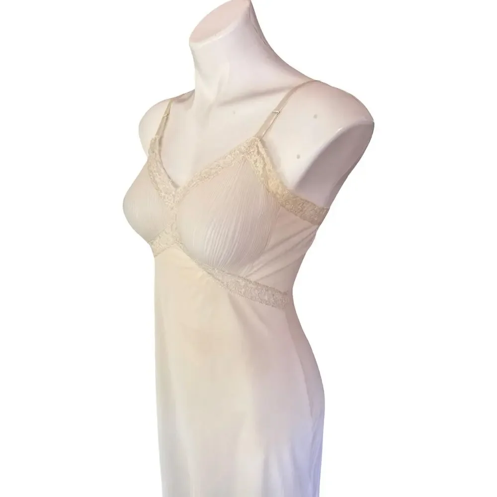 Vintage 1950s Ivory Crystal Pleated Full Slip Lace Trim Bodice Micro-Pleat Hem S